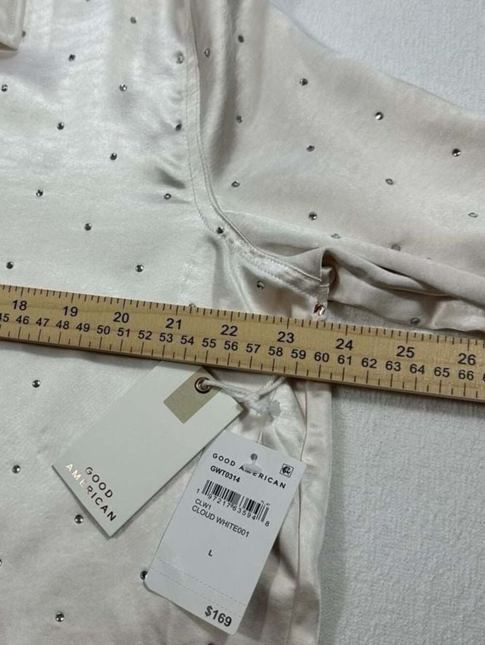 Good American Crystal Embellished Cropped Satin Shirt Cloud White Large - Picture 8 of 12